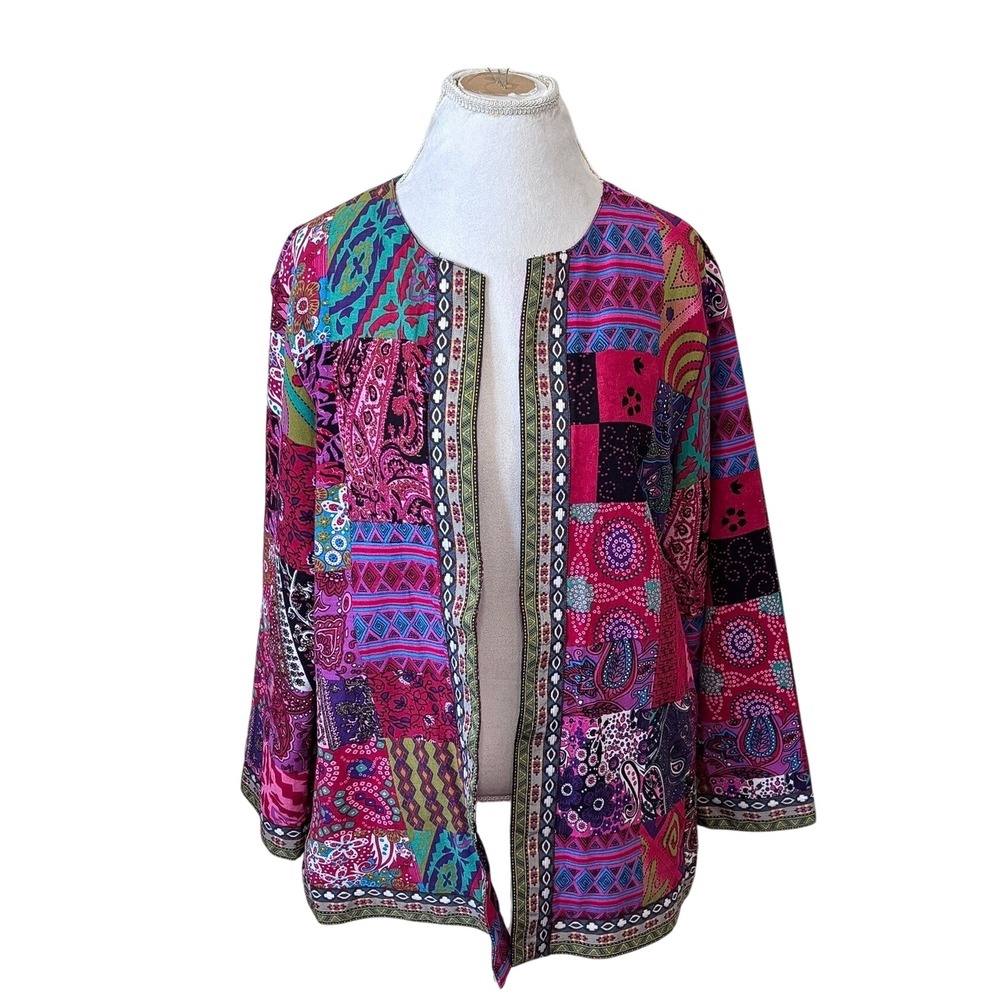 E-Retro Womens Boho Patchwork Open Blazer 3XL Pink Paisley Art To Wear Eclectic